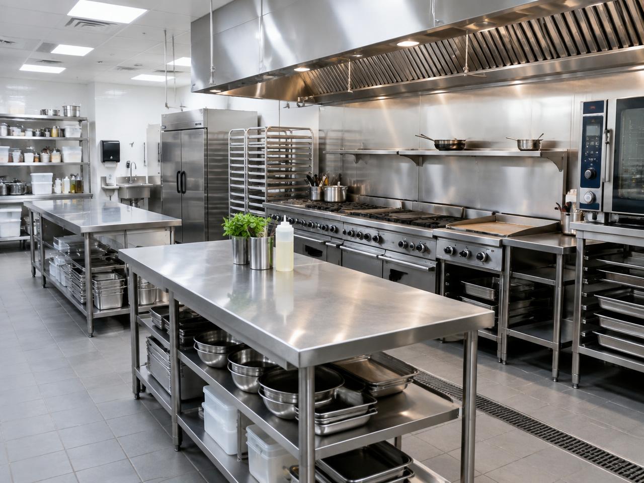 Clean commercial kitchen with stainless steel prep tables and exhaust hoods